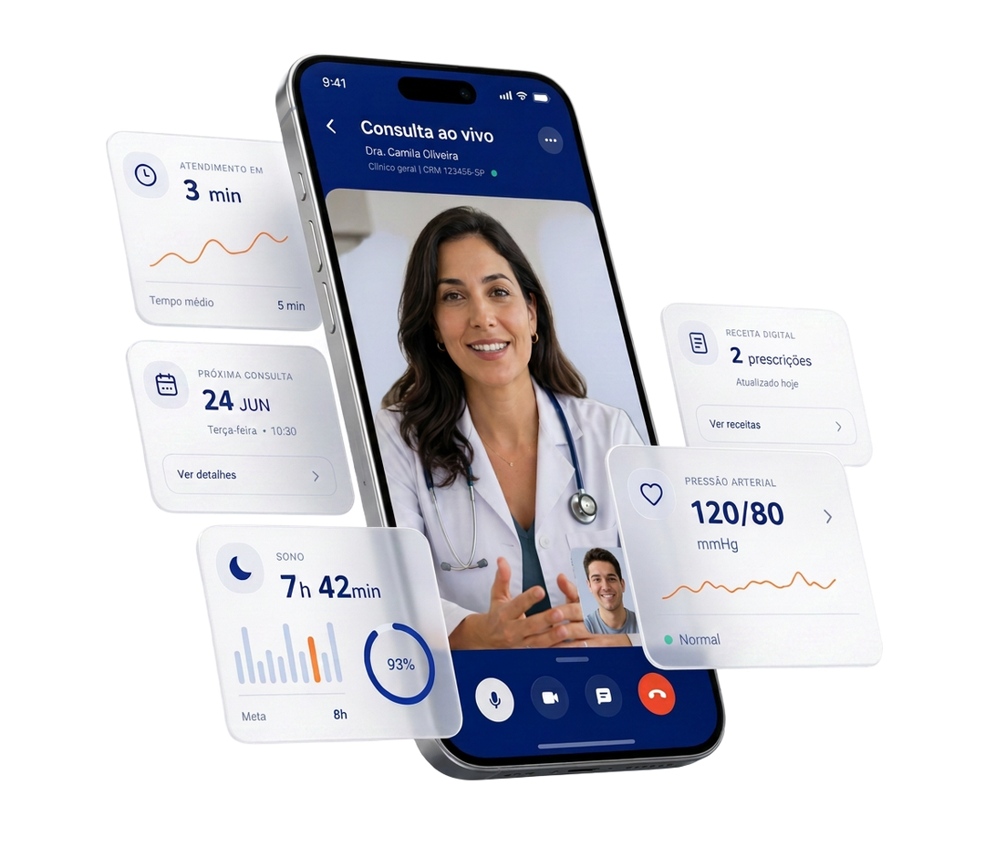Aplicativo Benemulti de telemedicina com cartões flutuantes de saúde